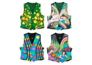 A selection of four hand painted silk waistcoats by Dunford Wood.