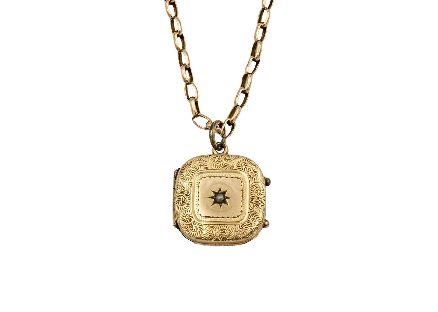 A 9ct early 20th century locket pendant on 9ct belcher link necklace.