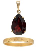 An 18ct band ring and a 9ct garnet set pendant.