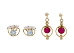Two pairs of 9ct gem set earrings.