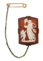 A fine 19th century agate cameo, rose gold mounted, brooch depicting cupid and Venus.