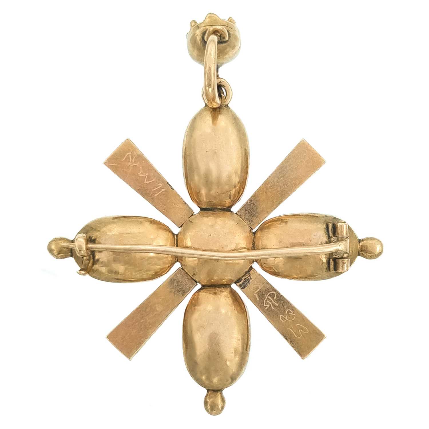 A Georgian gold foil back topaz and split pearl cross pendant brooch. - Image 2 of 4