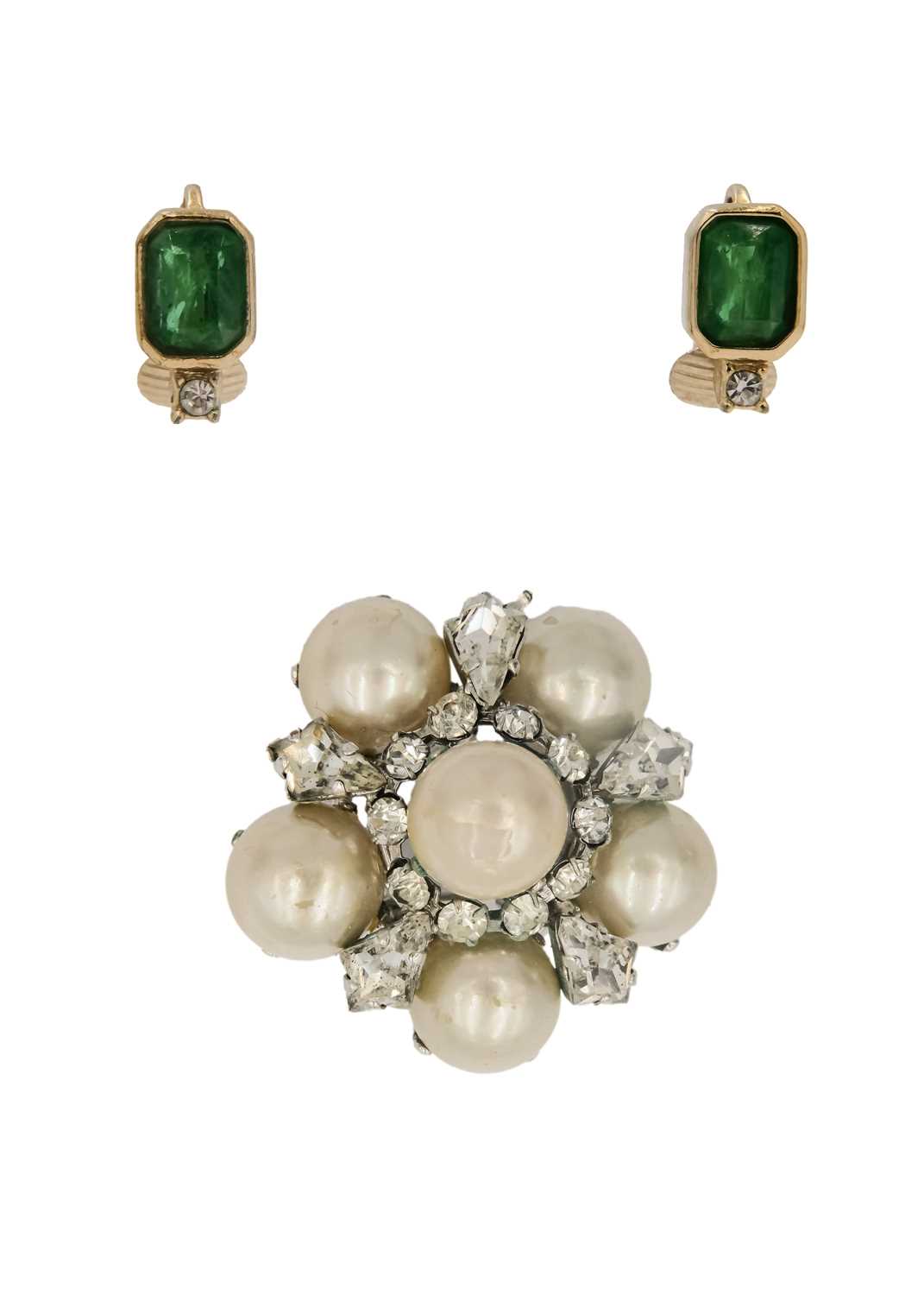 CHRISTIAN DIOR - A pair of clip earrings and a faux pearl brooch.