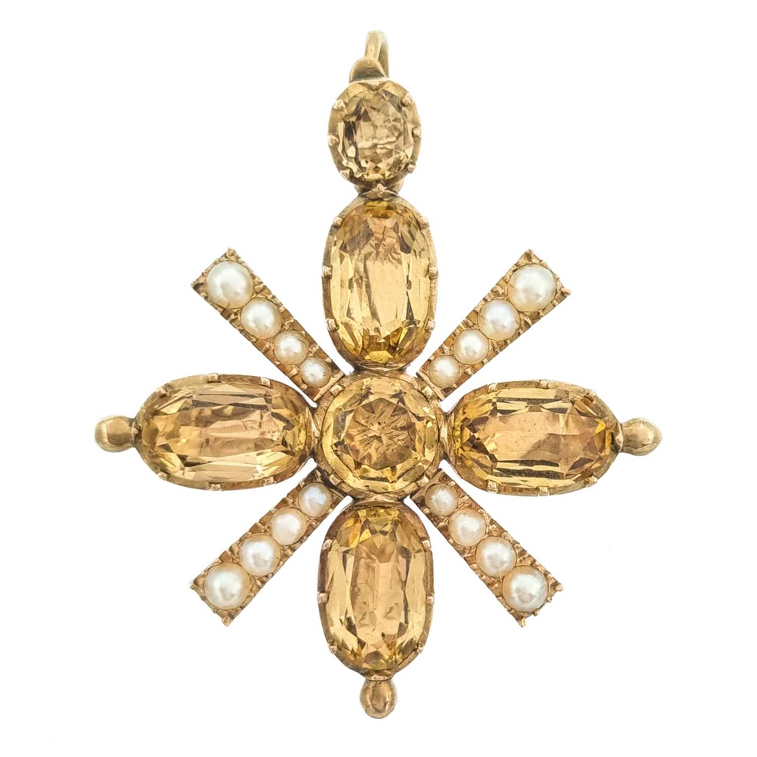 A Georgian gold foil back topaz and split pearl cross pendant brooch.