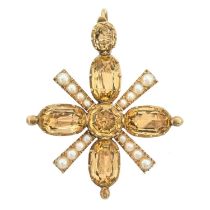 A Georgian gold foil back topaz and split pearl cross pendant brooch.
