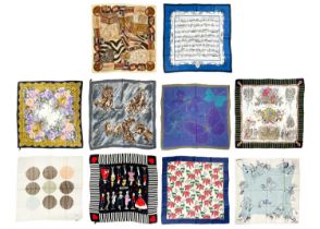 A selection of ten designer silk scarves.