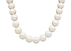 An impressive string of large white cultured pearls.
