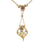 An attractive Art Nouveau 9ct and coloured enamel and pearl set flower pendant necklace.