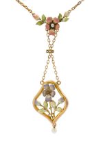 An attractive Art Nouveau 9ct and coloured enamel and pearl set flower pendant necklace.