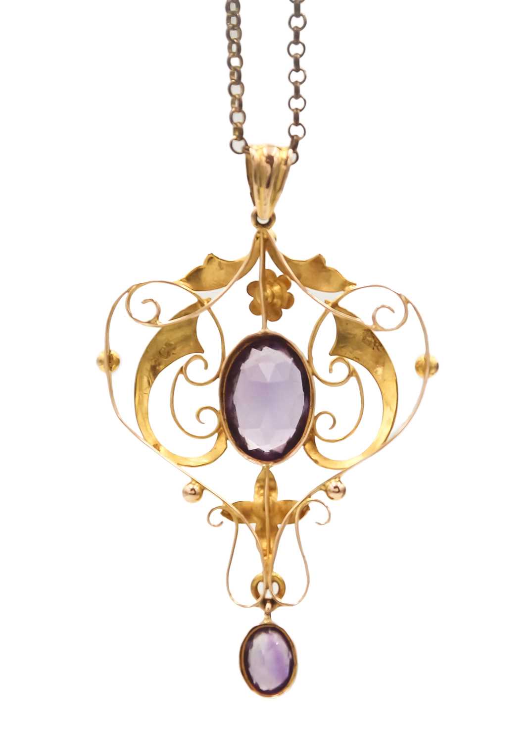 A 9ct amethyst set Art Nouveau openwork pendant on 9ct necklace. - Image 2 of 3