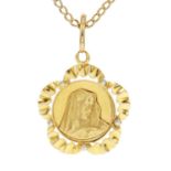 A high purity gold (tests 18ct) Virgin Mary pendant on 9ct necklace.