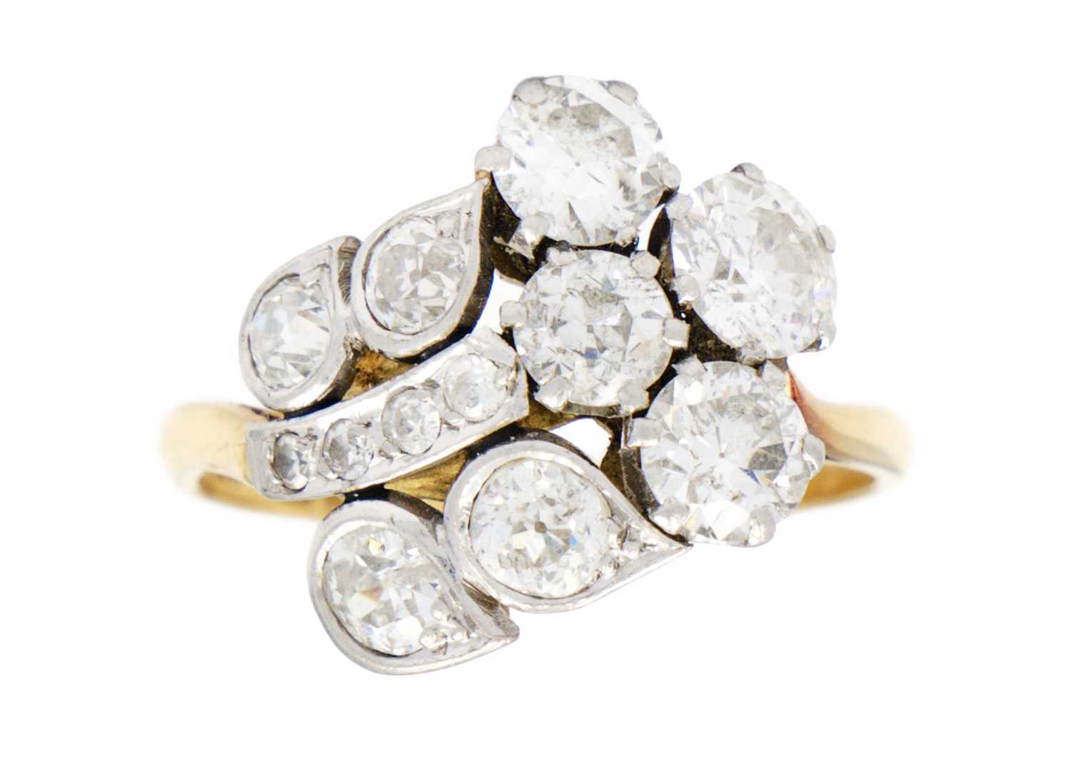 An exquisite Art Deco 18ct gold and platinum diamond set floral design ring.