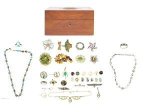 A Victorian jewellery box containing a selection of costume jewellery.