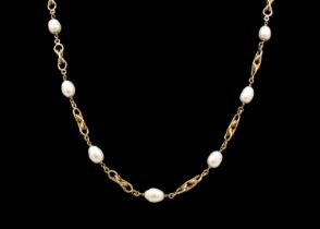 A 9ct fancy link necklace with fifteen cultured pearl spacers.