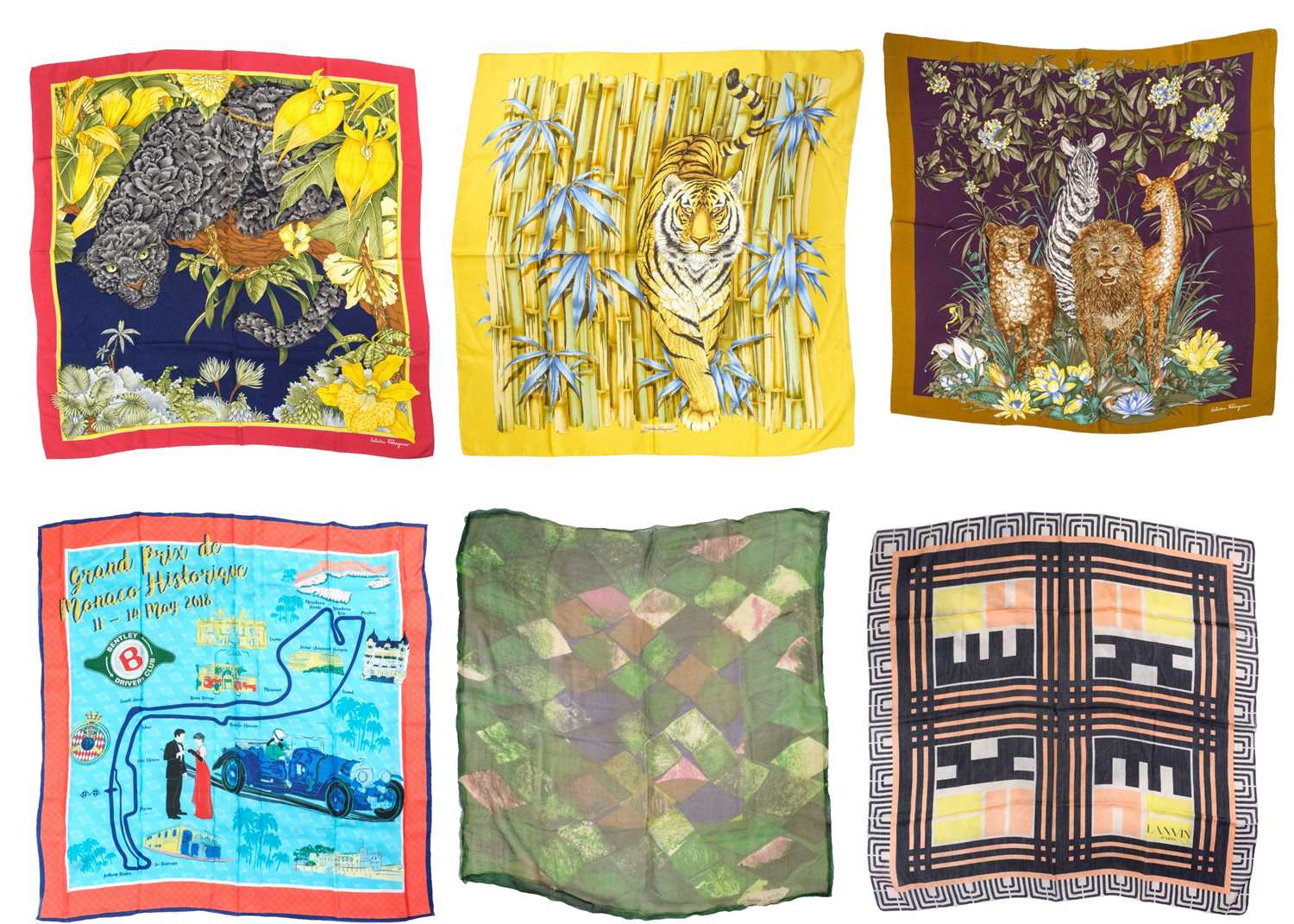 A selection of six silk designer scarves.
