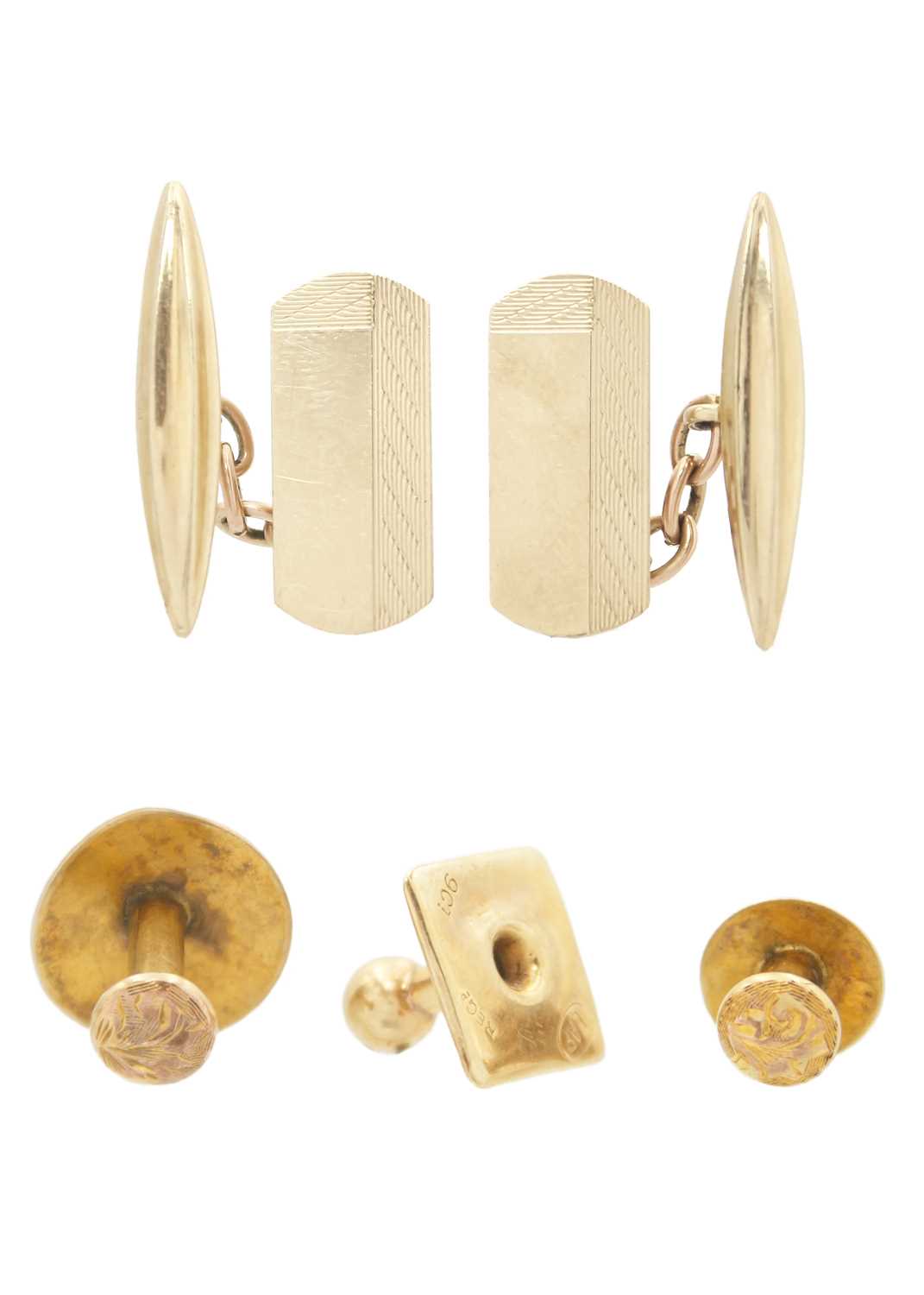 A pair of 9ct cufflinks and three 9ct shirt studs.