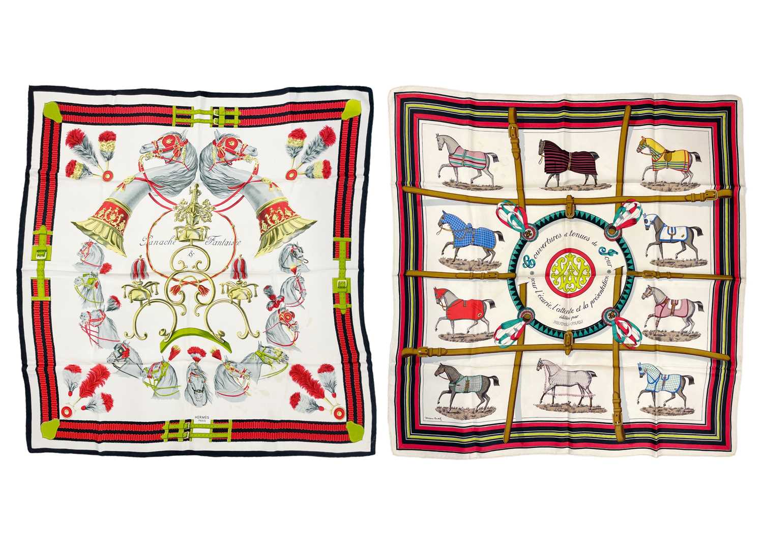 HERMES - Two equestrian printed silk scarves.