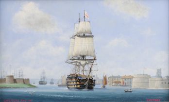Geoffrey William Hunt R.M.S, 1948-2008, oil on board, miniature maritime study, "Victory Leaving