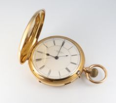 A Victorian 18ct yellow gold chronograph hunter pocket watch with engraved monogram, having dial