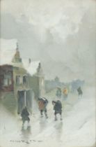 An Edwardian watercolour indistinctly signed, snowy street scene with figures 22cm x 15cm