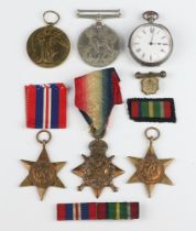 An Edwardian silver fob watch together with a First World War Victory medal and 1914 Star to 4719