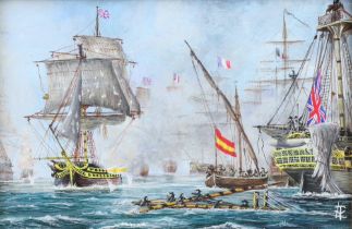 Trevor L Young, oil on board monogrammed, miniature maritime study HMS Pompee at The Battle of