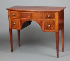 A Georgian inlaid mahogany bow front sideboard fitted 1 long and 2 short drawers, raised on square