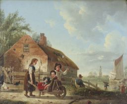 19th Century Continental oil on panel unsigned, figures before a river bank with dog, child and