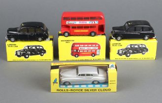 Budgie Toys, a collection of 4 boxed die cast cars to include Routemaster Bus 236, Rolls Royce