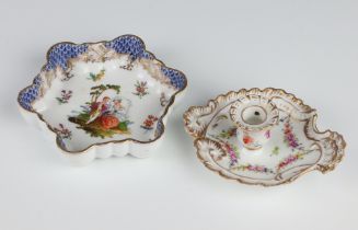 A Dresden dish decorated with fete gallant view 12cm together with a ditto chamber stick decorated