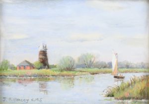 J B Macey R.M.S, miniature watercolour signed, Norfolk river scene with windmill and boat 5cm x 6.