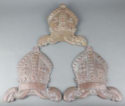 Three 19th/20th Century cast metal badges "The International Tea Company" in the form of Bishops