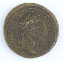 A brass sestertius coin for Antoninus Pius, Rome 146AD, the reverse shows Antoninus in a triumphal
