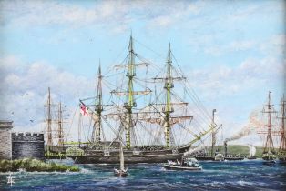 Trevor L Young, oil on board monogrammed, miniature maritime study "HMS Resolute Returns to