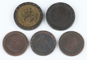 A small collection of British cartwheel pennies and two pence coins, 1797
