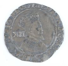 A silver shilling of James I 1625-1642, minted at the Tower, under the King's authority