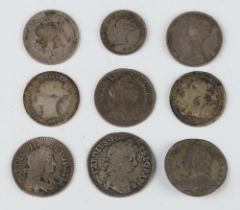 A collection of 9 British Sterling silver four, three and two pence coins including Charles II, 13.5
