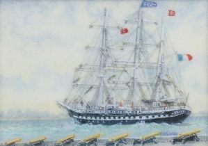 Penny Coates R.M.S, miniature watercolour signed, maritime study, "Belem Leaving Cowes, May 2013"