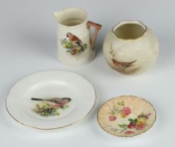A Royal Worcester porcelain vase decorated with a robin 7cm, a ditto dish decorated with a Bullfinch