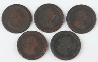 A group of 5 copper cartwheel pennies of King George III, dated 1797