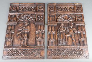 A pair of 17th Century style resin panels decorated figures 49cm x 32cm