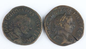 Two bronze sestertius coins for Gordian III, Rome 239-240AD, one reverse shows Salus seated, the