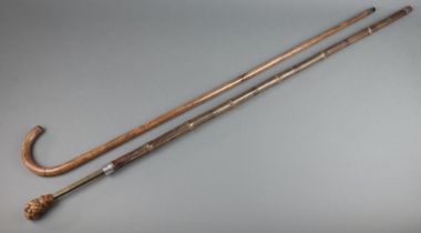 A bamboo horse measuring stick with silver collar marked "Won by Dicebox", together with a walking