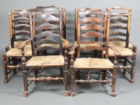 A harlequin set of 8 18th Century elm ladder back dining chairs comprising 2 matched carvers 112cm h