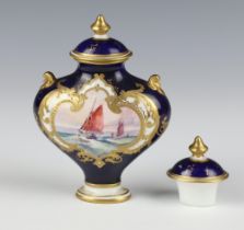 A Royal Crown Derby squat oviform vase decorated with a panel of boats on a blue ground, signed W