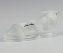 A Lalique frosted glass figure of a reclining ox from the Nativity set 12cm, etched lower case