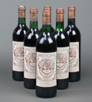 Six bottles of 1979 Chateau Longueville Pauillac-Medoc red wine Most are top of shoulder, two are