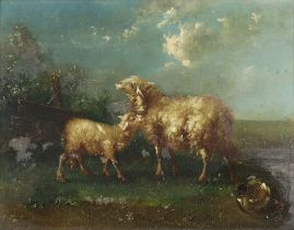 After Verboeck Hoven, 19th Century Continental oil panel of a sheep and lamb 16cm x 22cm
