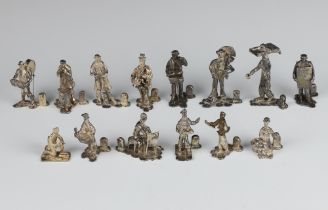 A collection of 14 cast silver figures of street vendors, London 1975, maker Thomas Charles