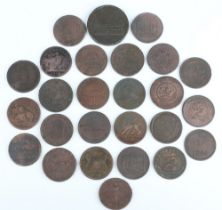 A collection of 19th Century copper penny tokens, together with one three pence token